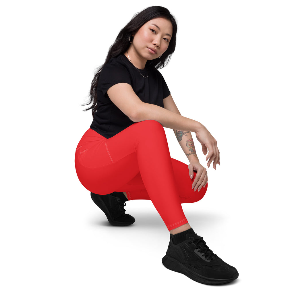 Women’s vibrant red high-waisted yoga leggings with pockets soft compression fabric for active wear