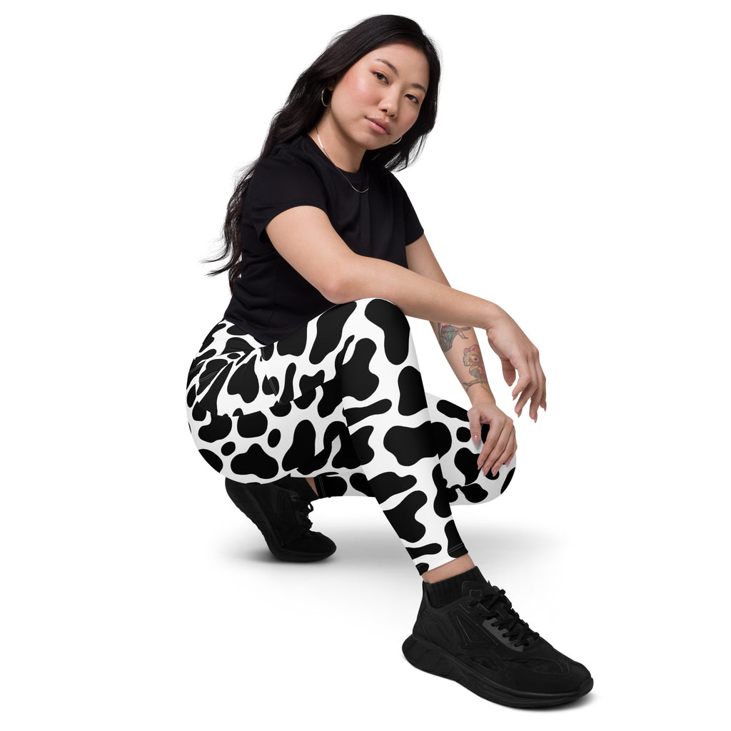 Women’s Cow Print Yoga Leggings With Pockets – High-Waisted, Soft Compression Active Pants