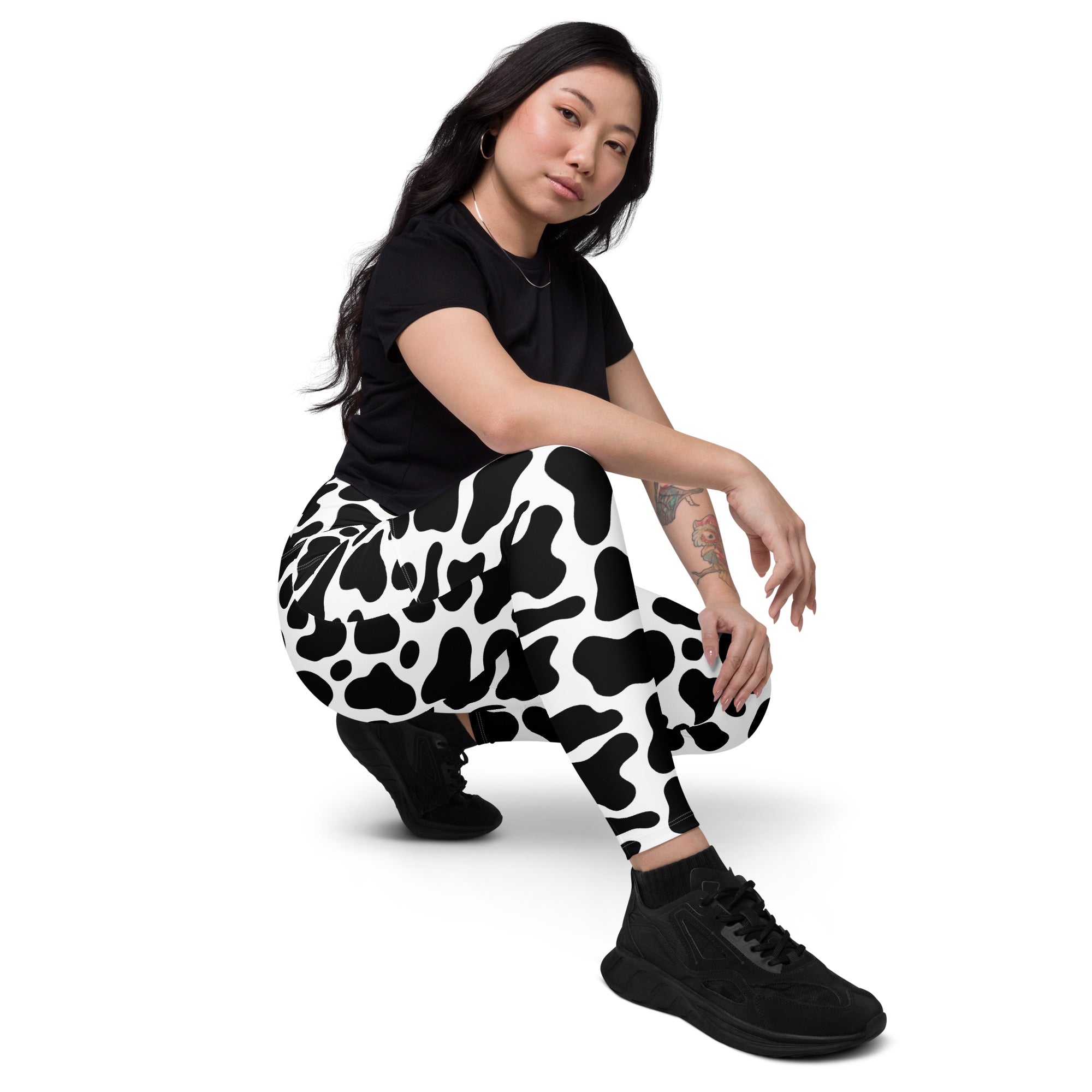 Women’s Cow Print Yoga Leggings With Pockets – High-Waisted, Soft Compression Active Pants