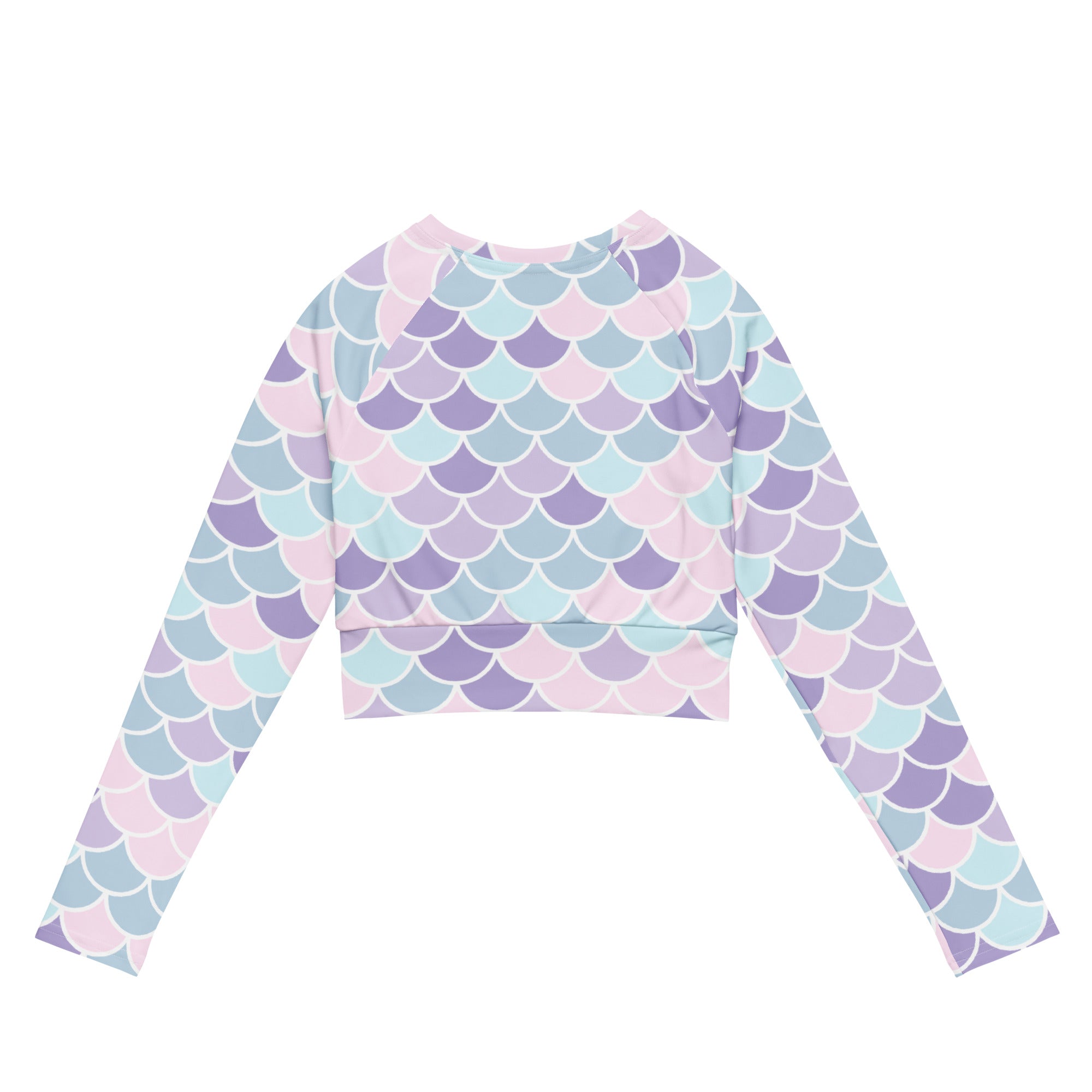 Women’s pastel mermaid scales long sleeve performance crop top in lavender light blue and pink hues with mermaid scale pattern