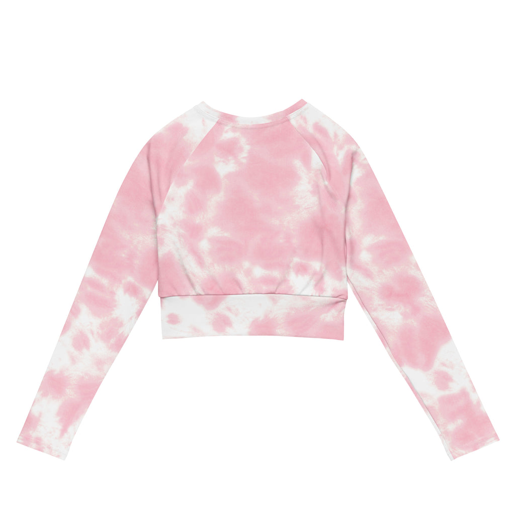 Women’s pink and white tie dye long sleeve crop top made from performance fabric for active wear