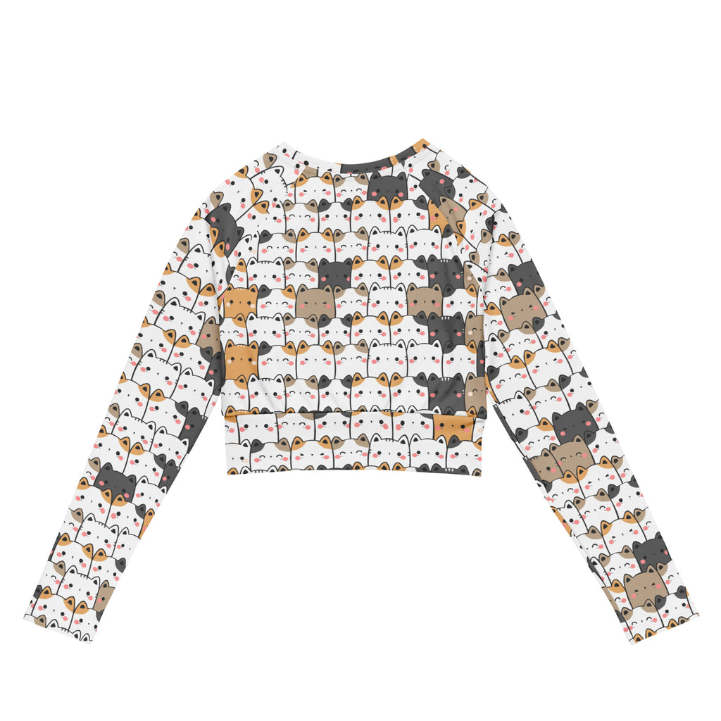 Women’s kawaii cat face white long sleeve performance crop top with colorful cartoon cat pattern and pink cheeks
