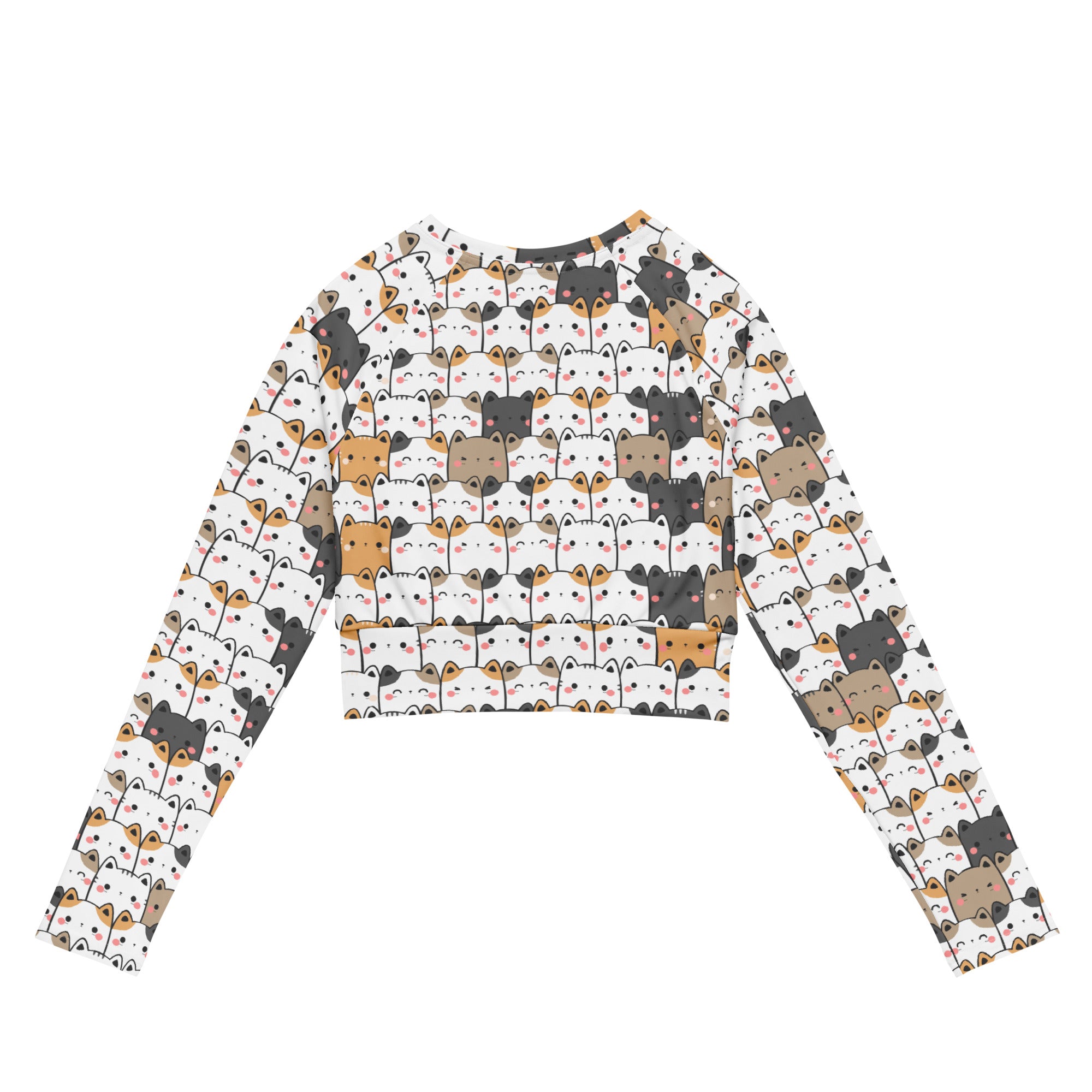 Women’s kawaii cat face white long sleeve performance crop top with colorful cartoon cat pattern and pink cheeks