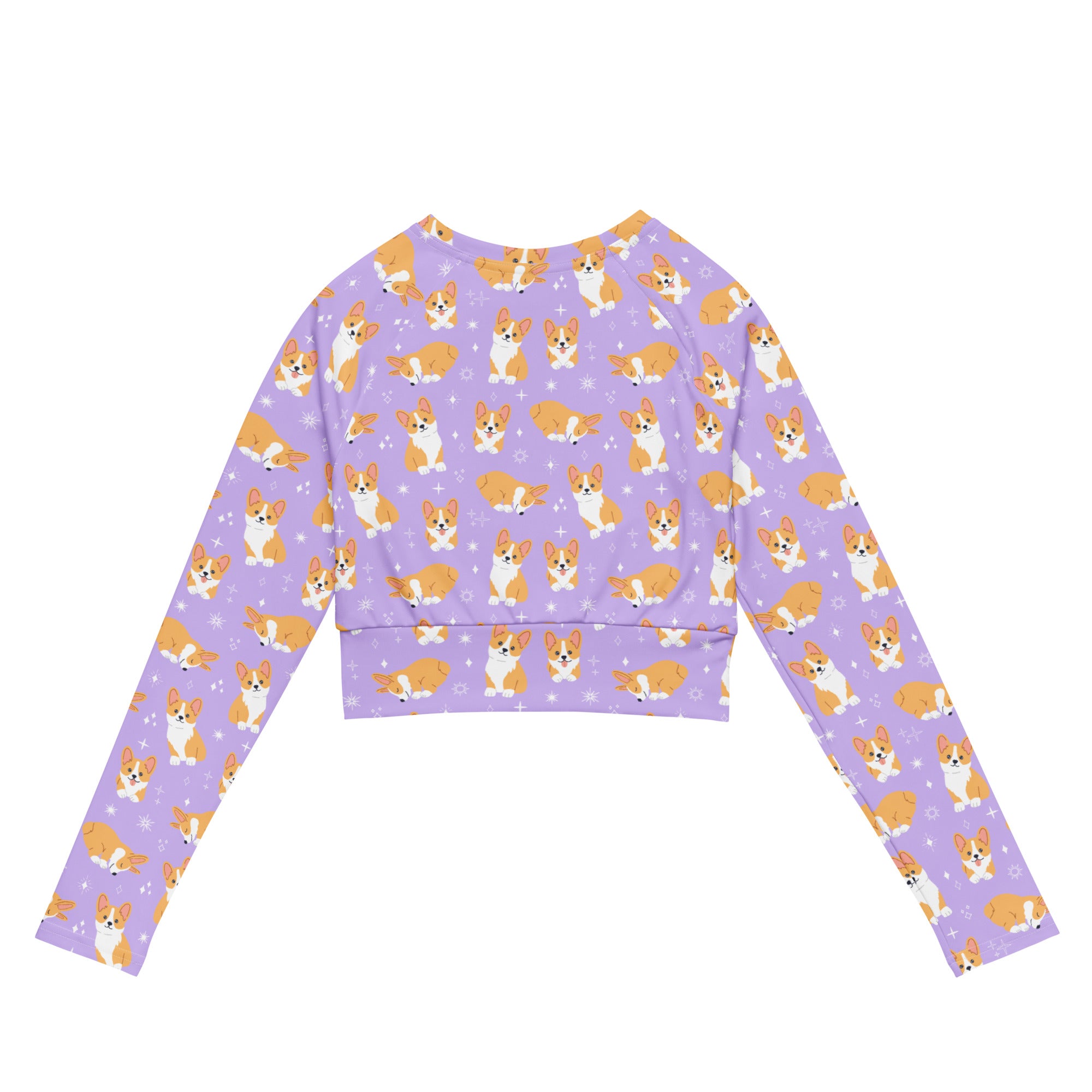 Women’s purple corgi dog long sleeve performance crop top with playful orange and white corgi pattern and star accents