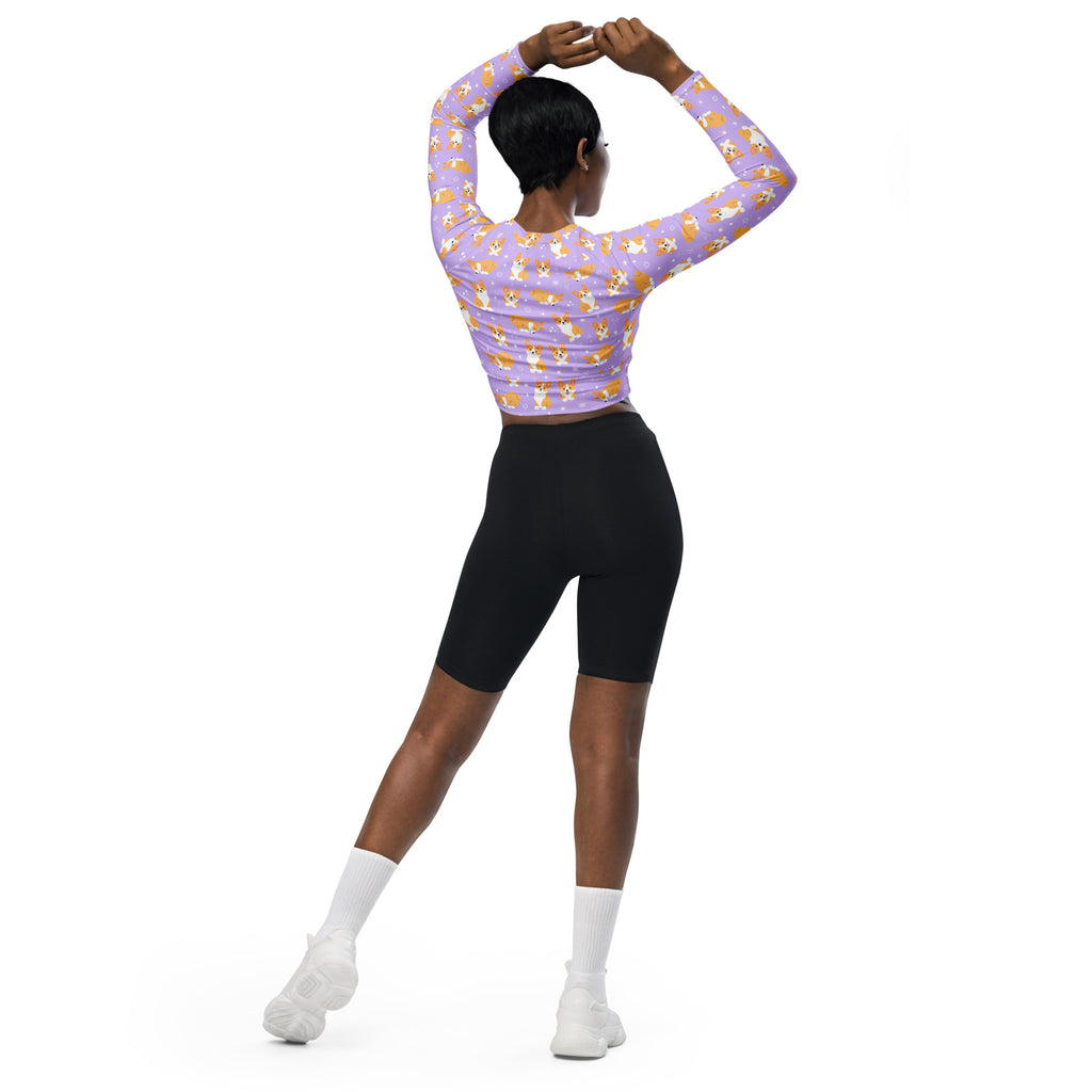 Women purple corgi dog long sleeve performance crop top in lavender with orange and white corgi pattern
