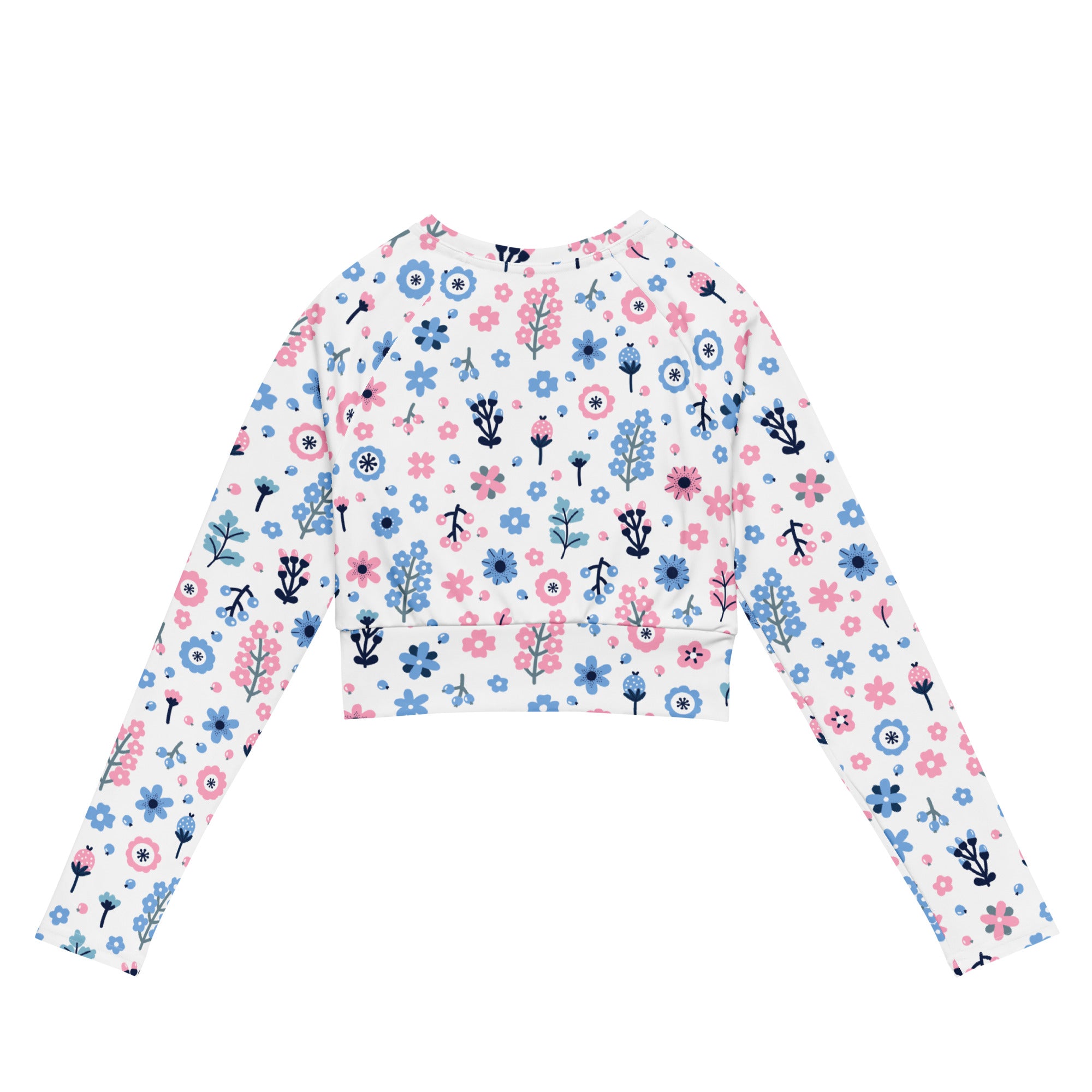 White long-sleeved crop top with pastel pink and blue floral print featuring black outlines for women’s activewear