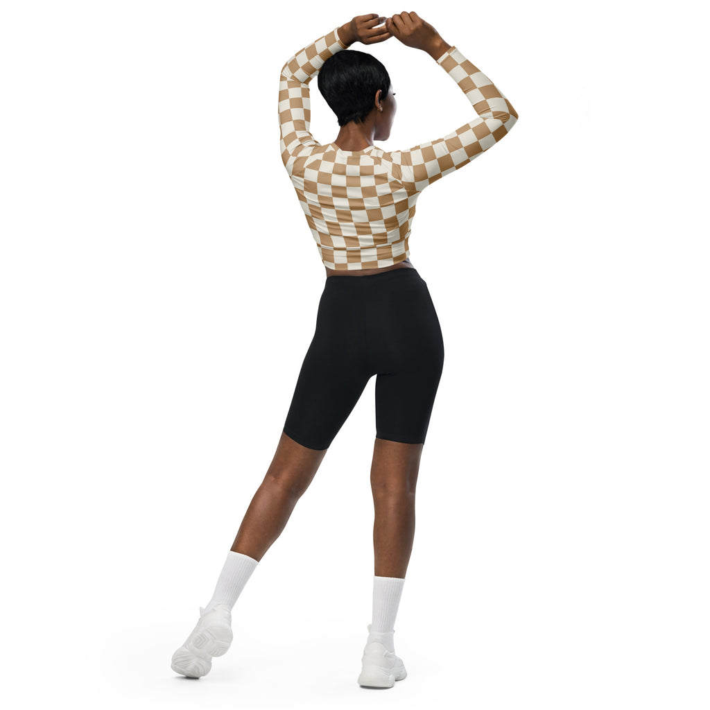 Women's Brown Checkerboard Long Sleeve Performance Crop Top