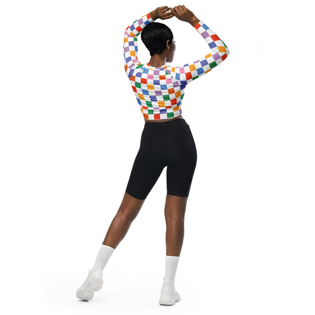 Women's Rainbow Checkerboard Long Sleeve Performance Crop Top