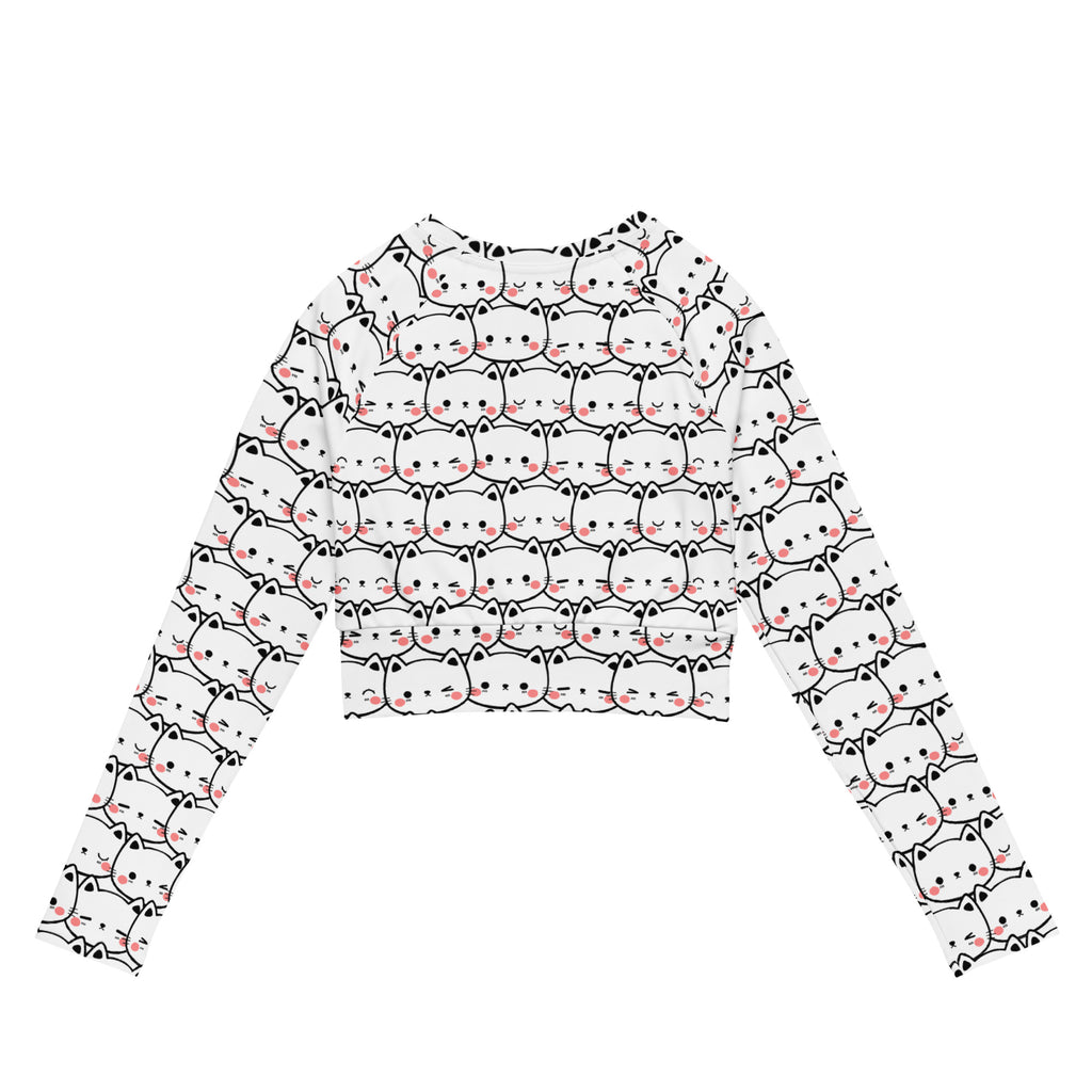 Women's White Cat Long Sleeve Performance Crop Top