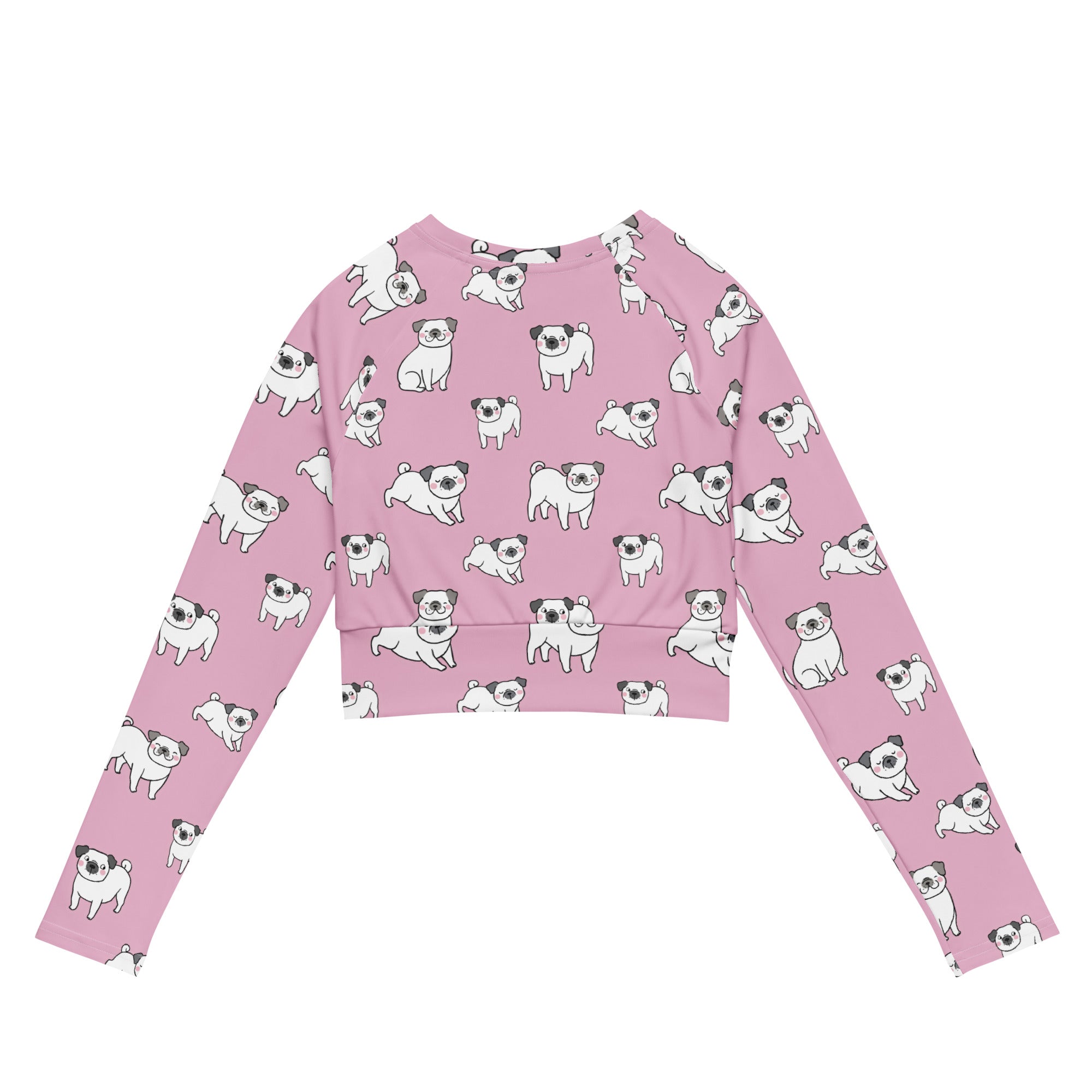 Women’s pink pug long sleeve performance crop top with playful all-over black and white cartoon pug print