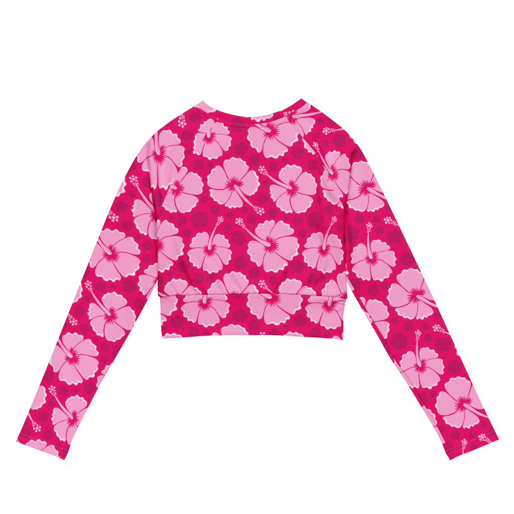 Women's Pink Hibiscus Long Sleeve Performance Crop Top