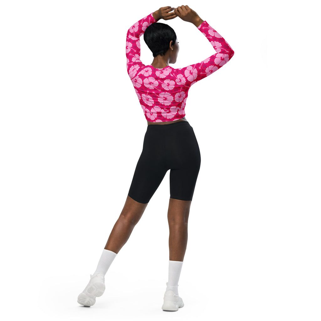 Women's Pink Hibiscus Long Sleeve Performance Crop Top