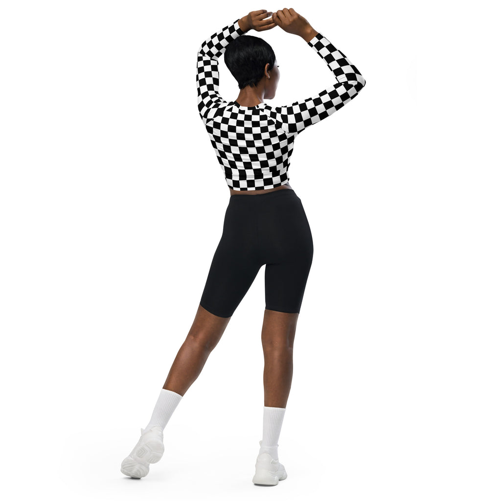 Women's Black & White Checkered Long Sleeve Performance Crop Top