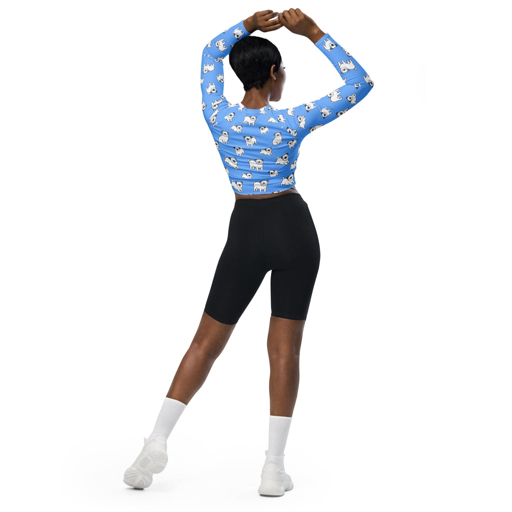 Women's Blue Pug Long Sleeve Performance Crop Top