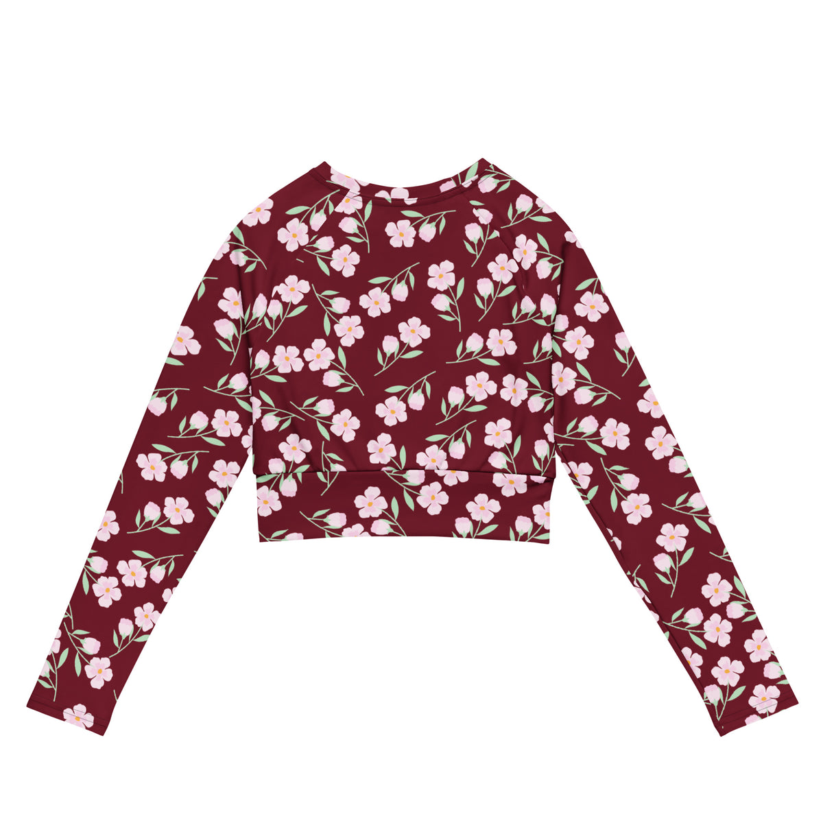 Women’s burgundy floral long sleeve performance crop top with maroon fabric and delicate pink flowers with green stems