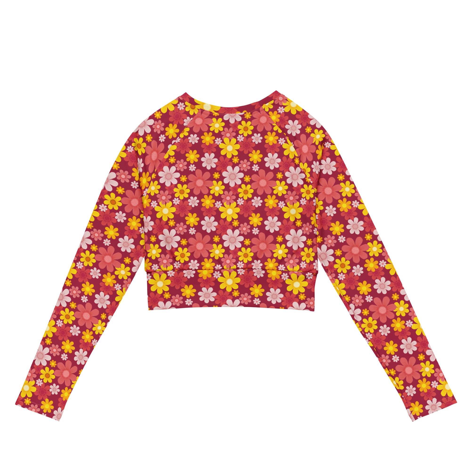 Women's Red Floral Long Sleeve Performance Crop Top