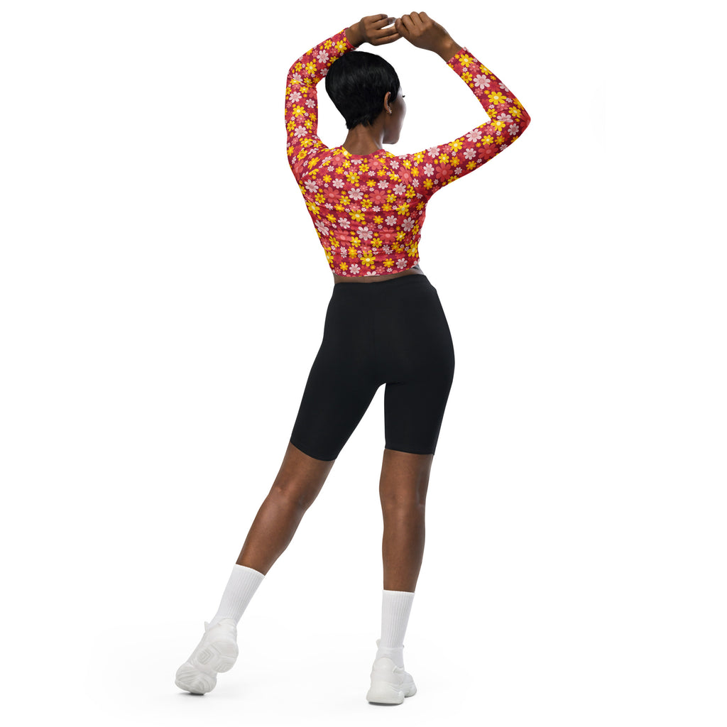 Women's Red Floral Long Sleeve Performance Crop Top
