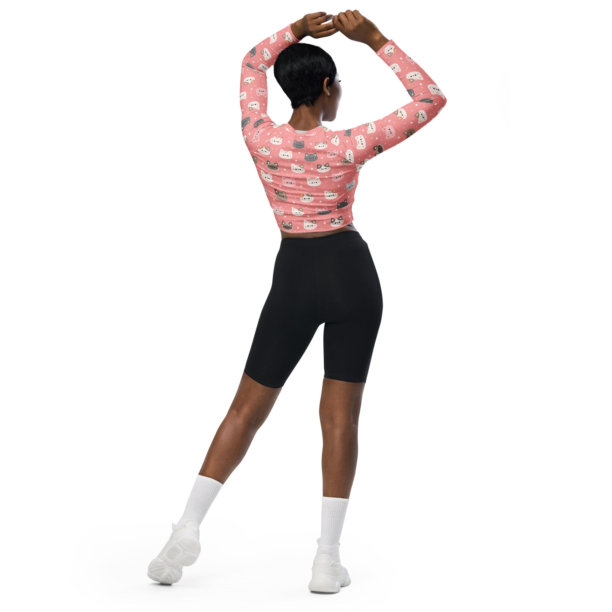 Women's Pink Cat Long Sleeve Performance Crop Top