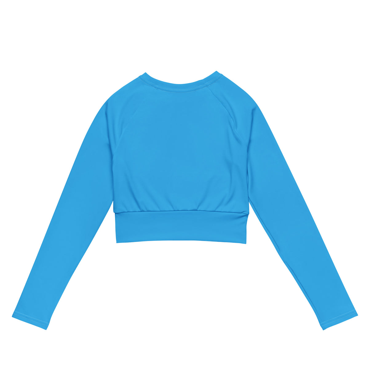 Women’s sky blue long sleeve performance crop top with bright blue ribbed waistband and solid color design