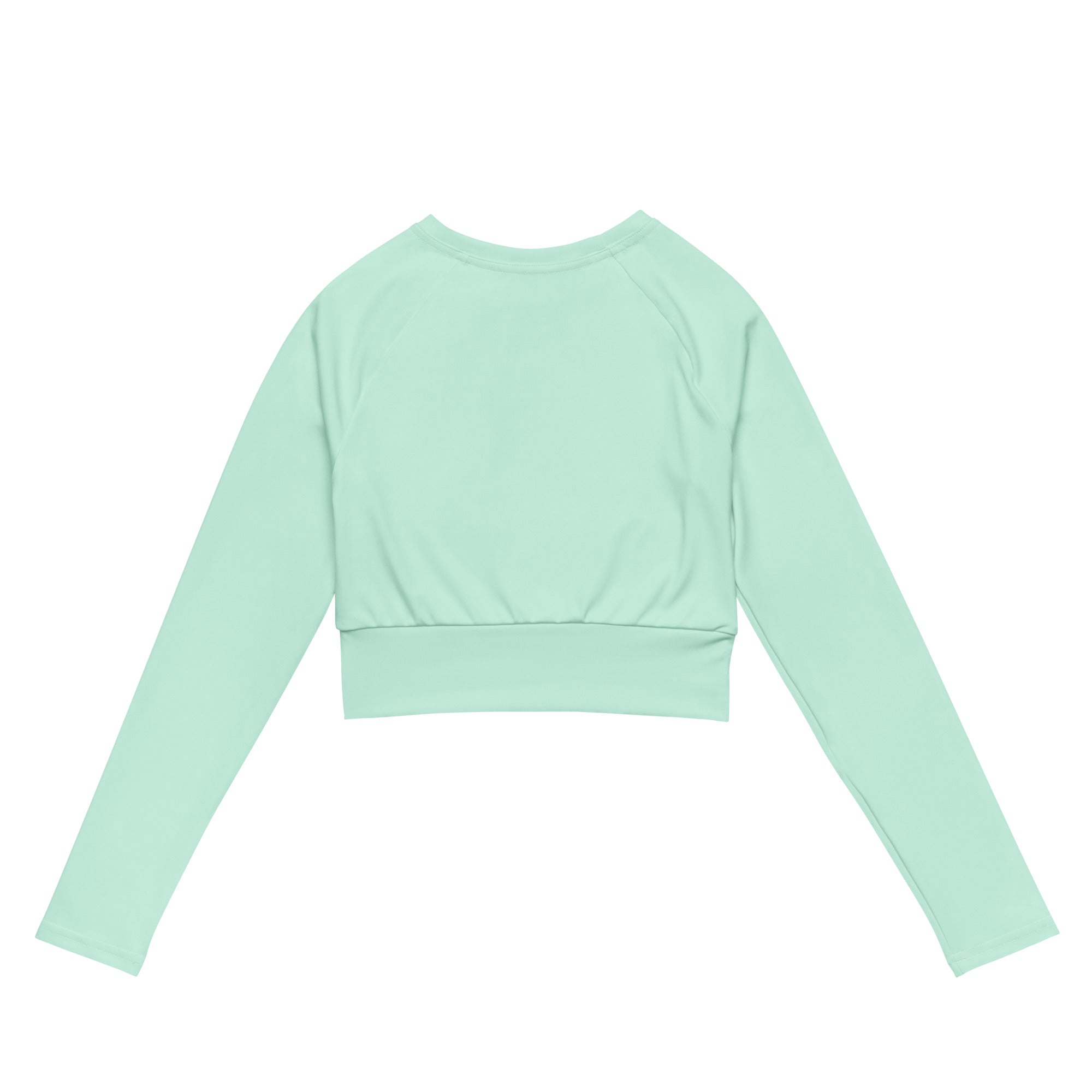 Women’s mint green long sleeve performance crop top with ribbed waistband and round neckline in soft breathable fabric