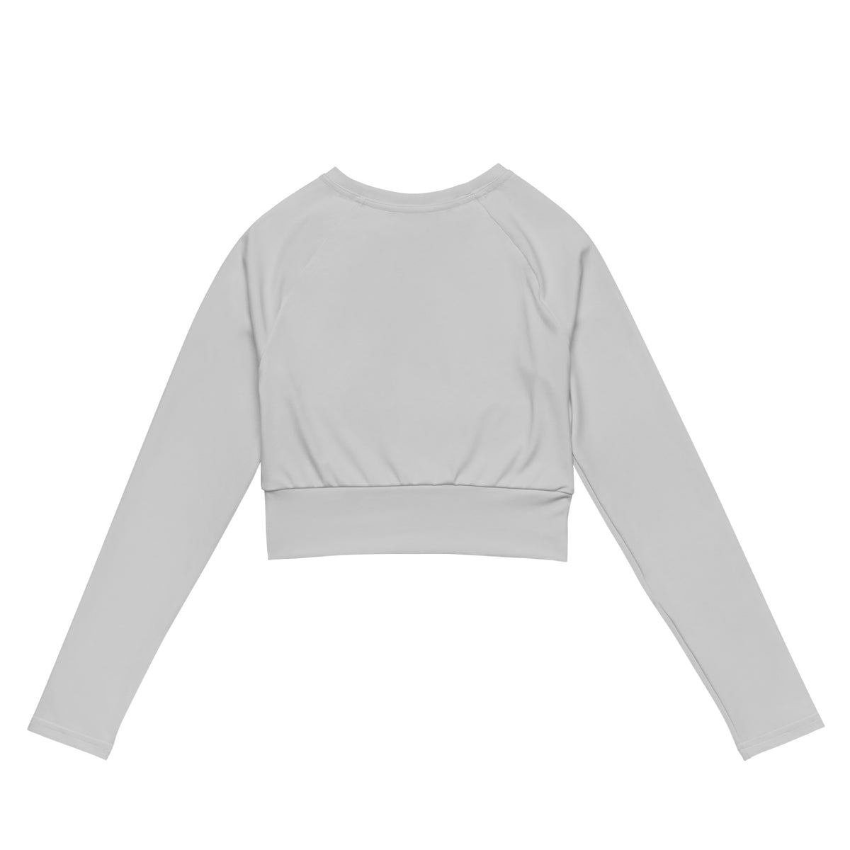 Women’s light gray long sleeve performance crop top with fitted waistband and smooth breathable fabric