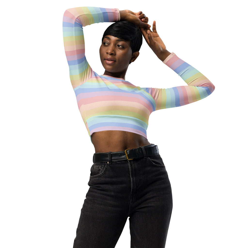 Women's Pastel Striped Rainbow Long Sleeve Performance Crop Top