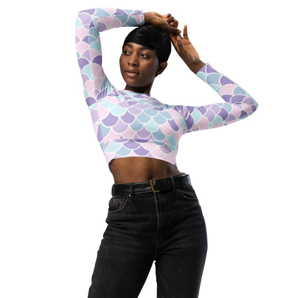 Women’s pastel mermaid scales long sleeve performance crop top with soft lavender light blue and pink mermaid scale pattern
