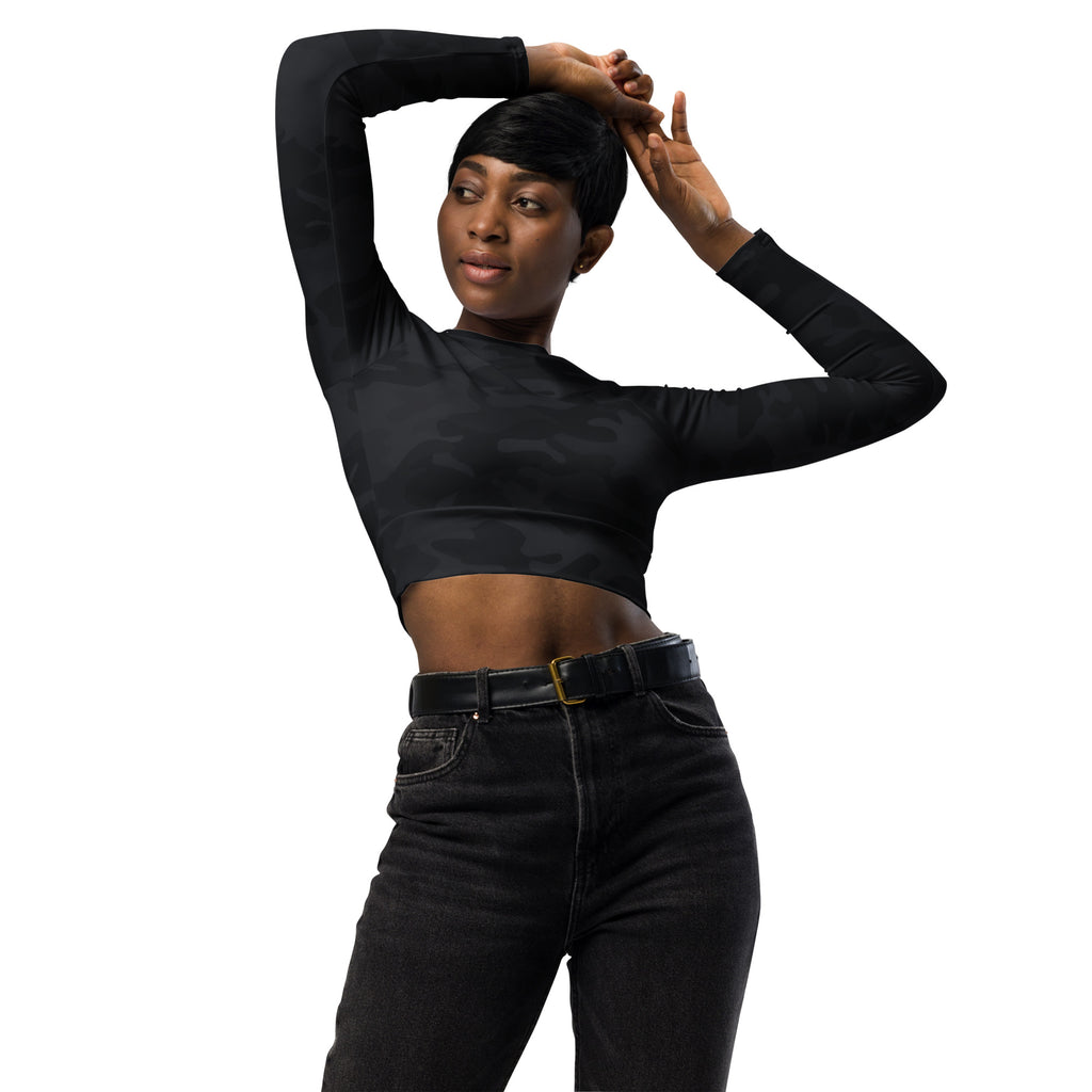 Women's Black Camouflage Long Sleeve Performance Crop Top