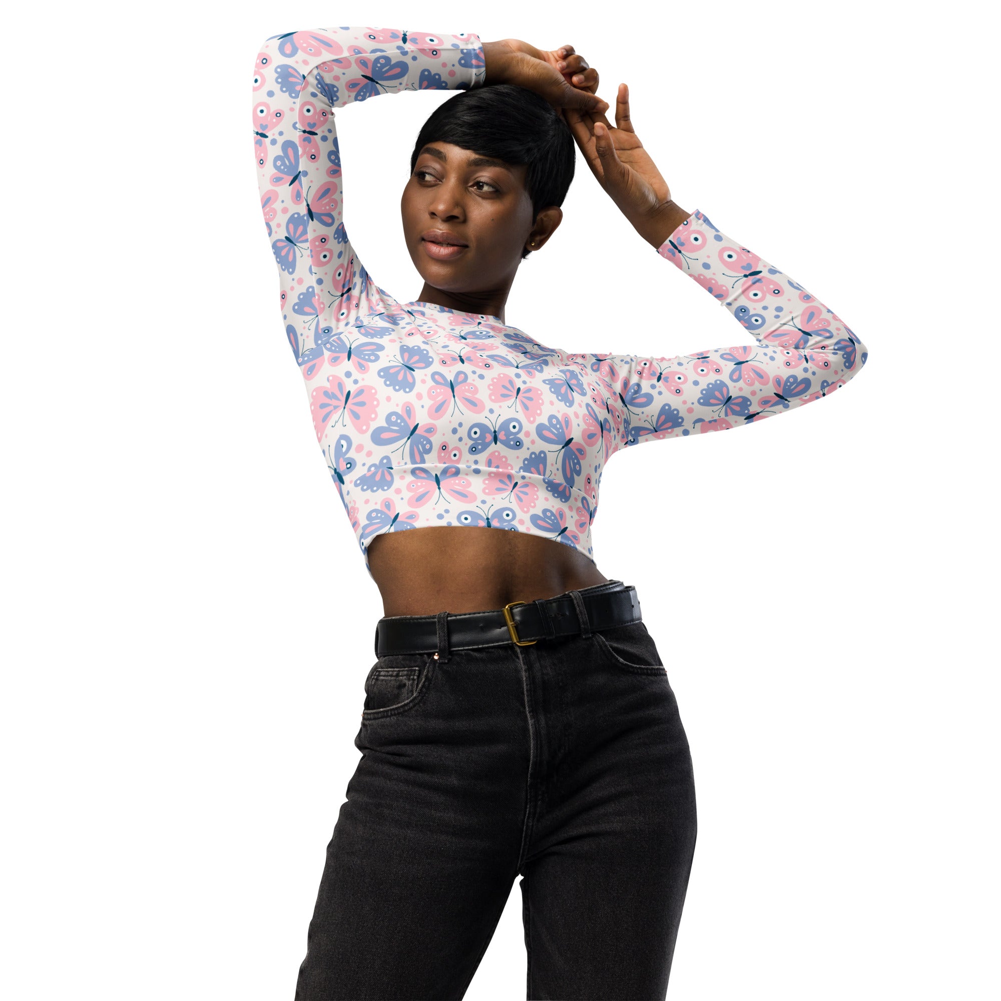 Women's Butterfly Print Long Sleeve Performance Crop Top