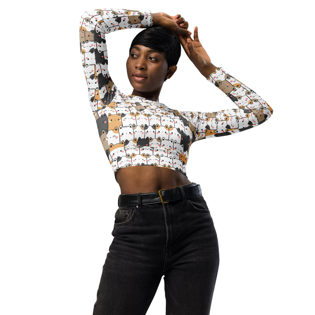 White long-sleeved performance crop top with kawaii colorful cartoon cat faces for women