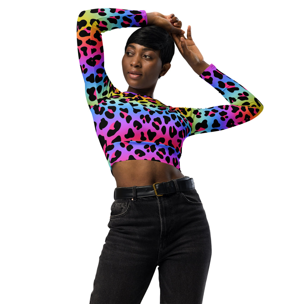 Women's Rainbow Leopard Long Sleeve Performance Crop Top