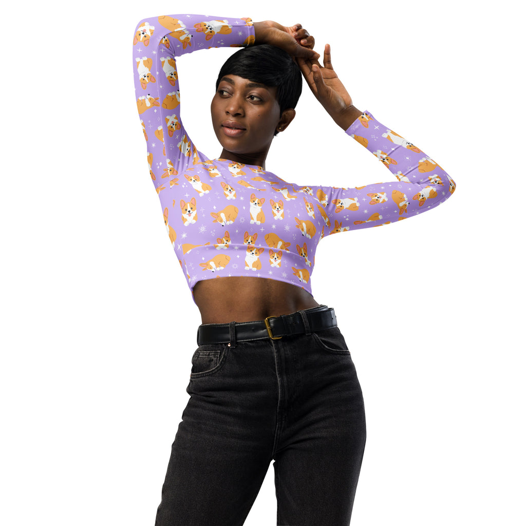 Women’s purple corgi dog long sleeve performance crop top in lavender with orange and white corgi pattern