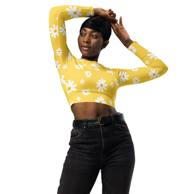 Women's Yellow Daisy Long Sleeve Performance Crop Top