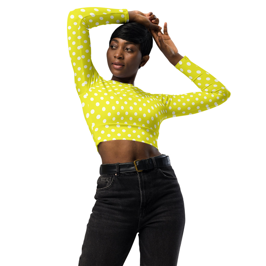 Women's Yellow Polka Dot Long Sleeve Performance Crop Top