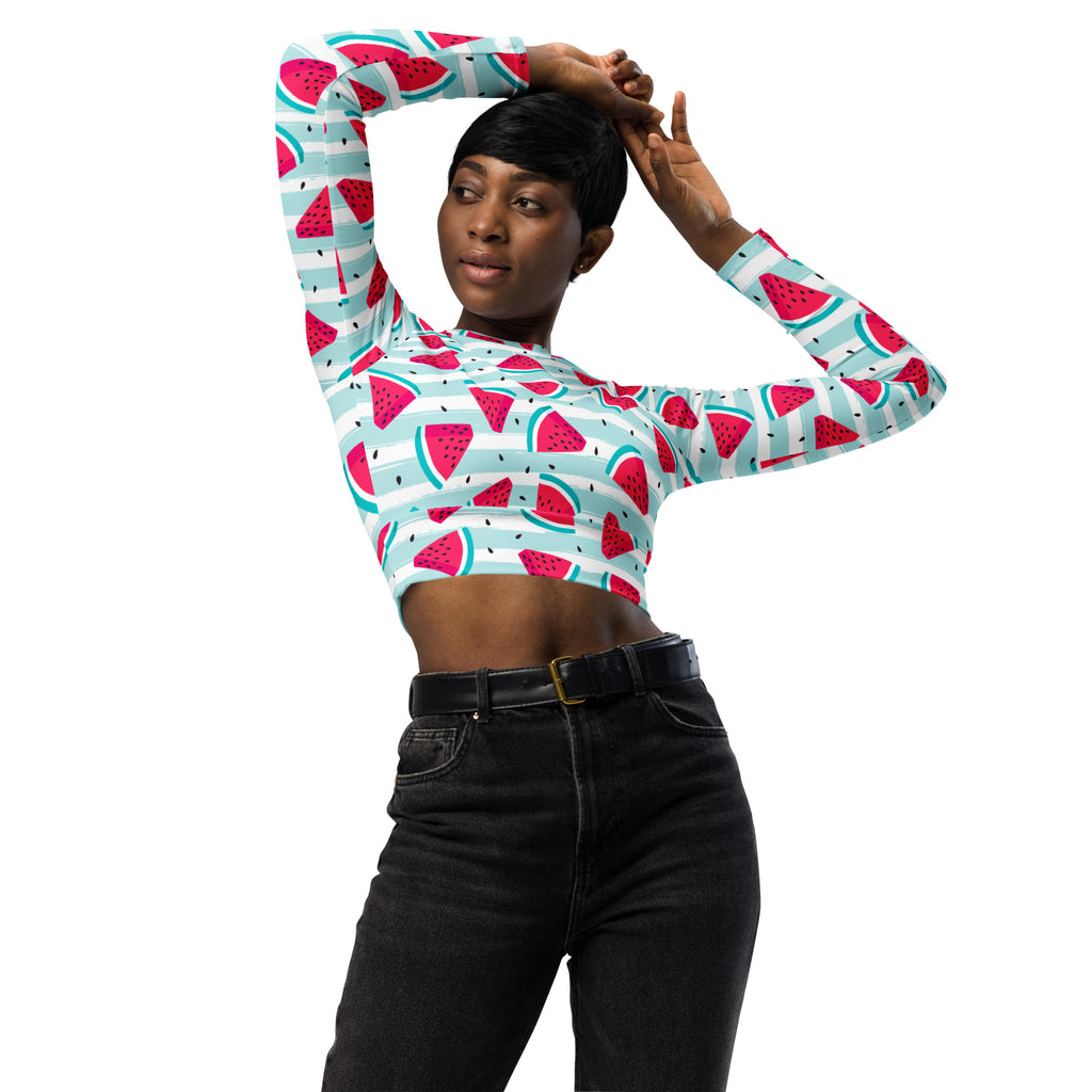 Women's Striped Watermelon Long Sleeve Performance Crop Top