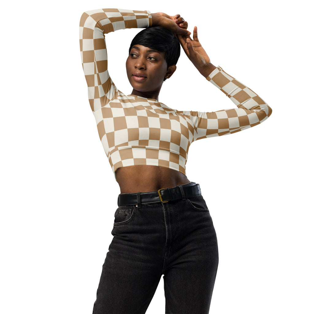 Women's Brown Checkerboard Long Sleeve Performance Crop Top
