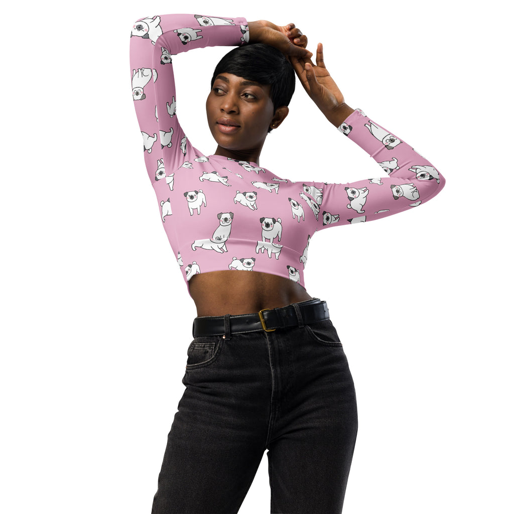 Women’s pink pug long sleeve performance crop top with playful white pug illustrations and breathable fabric