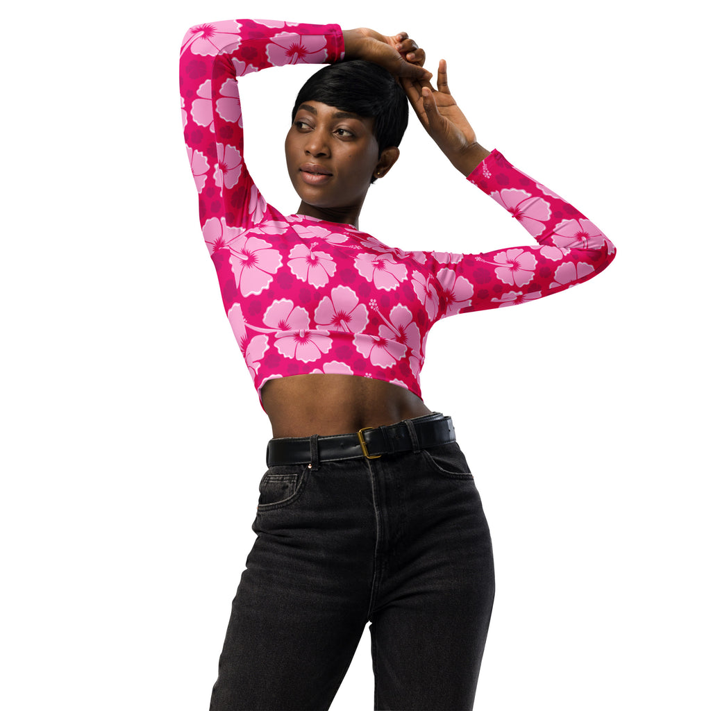 Women's Pink Hibiscus Long Sleeve Performance Crop Top