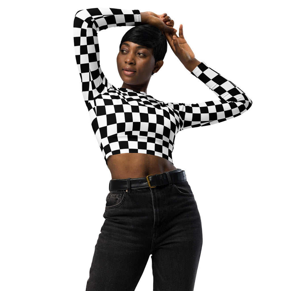 Women's Black & White Checkered Long Sleeve Performance Crop Top