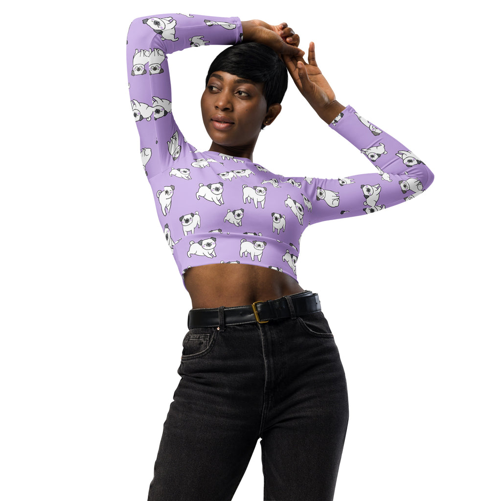 Women's Purple Pug Long Sleeve Performance Crop Top