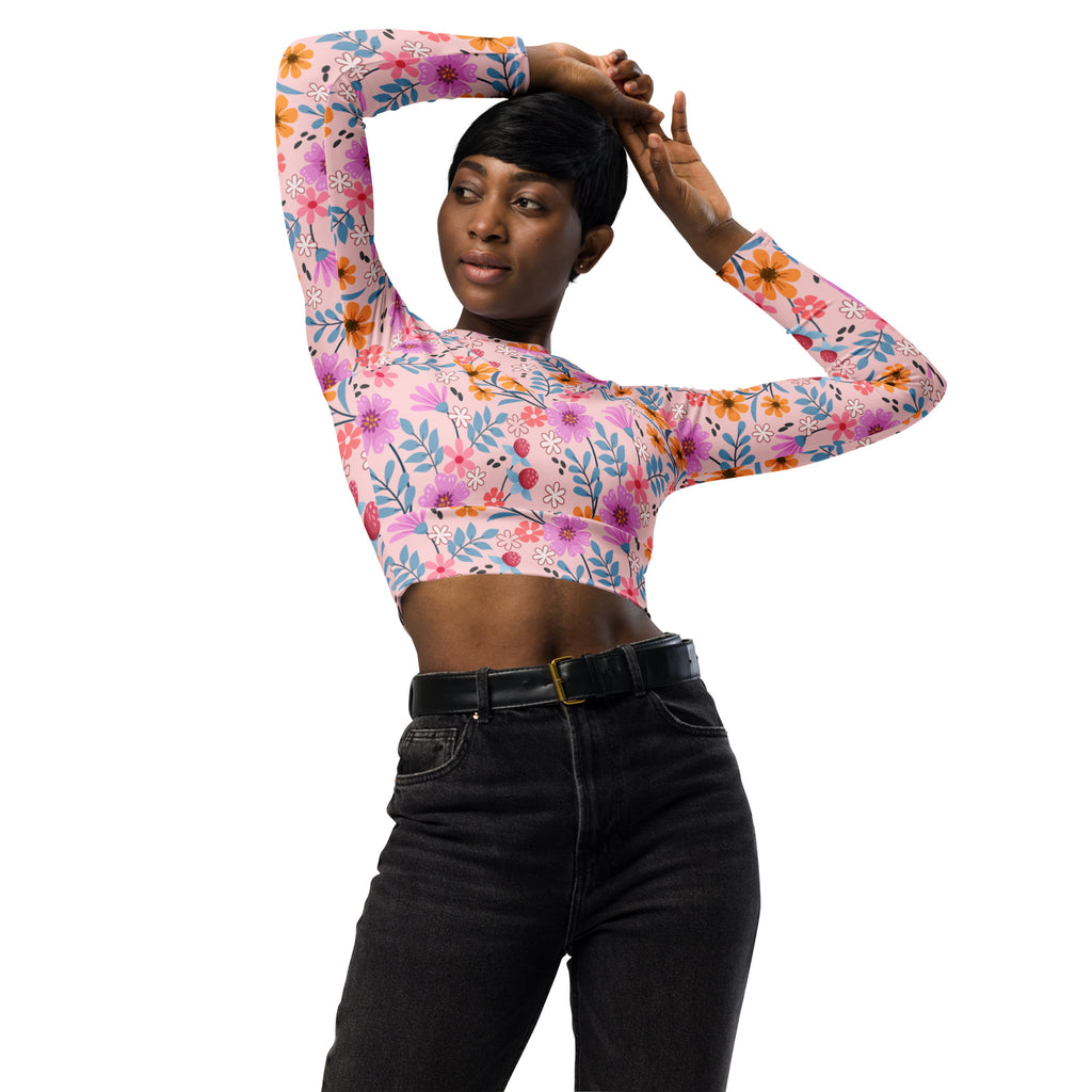 Women's Pink Floral Long Sleeve Performance Crop Top