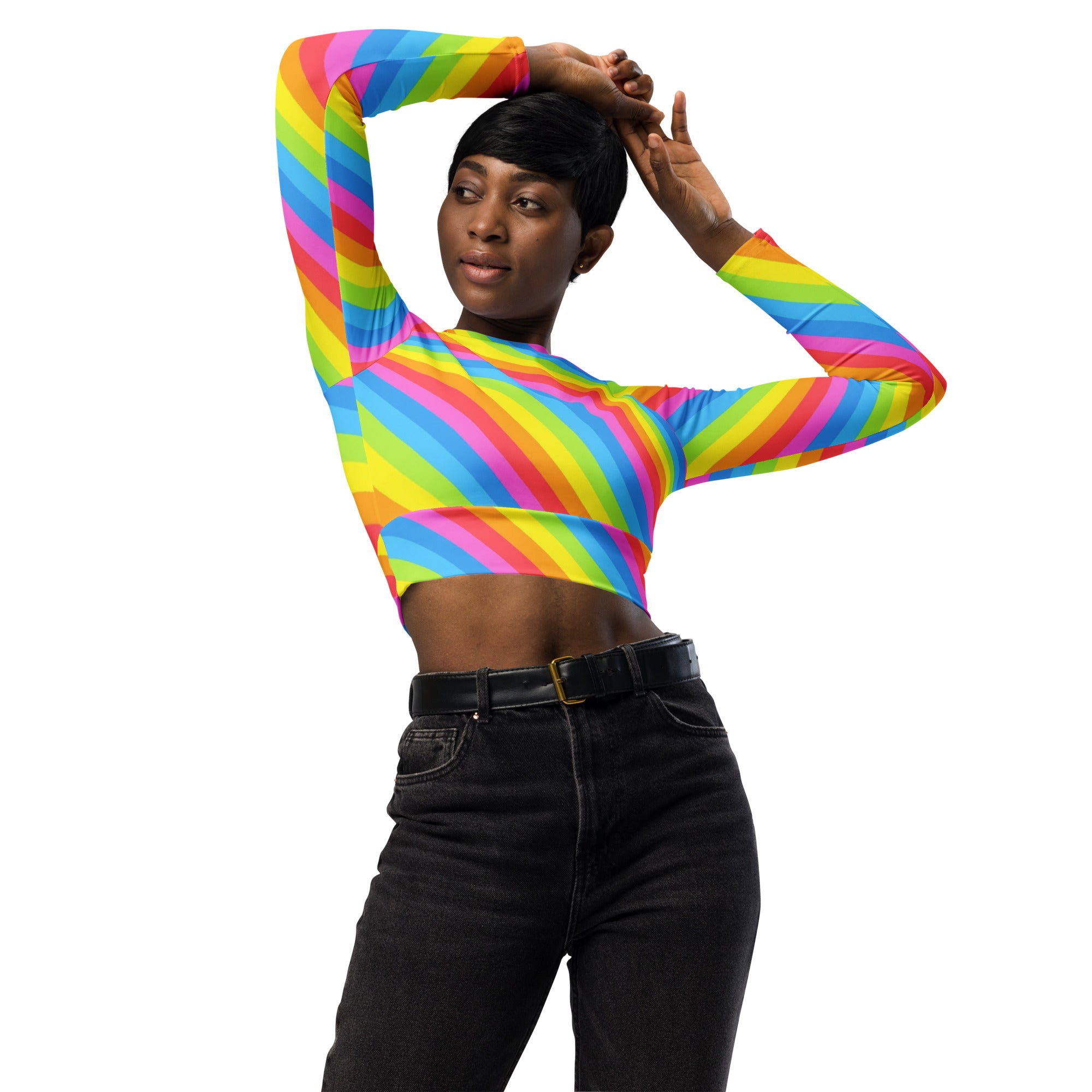 Women's Rainbow Stripe Long Sleeve Performance Crop Top