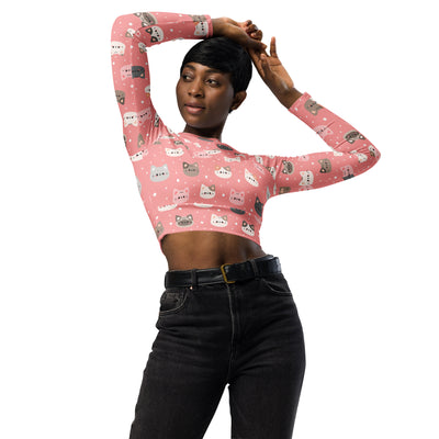 Women’s cute pink cat faces long sleeve performance crop top with colorful cartoon cats and white polka dots