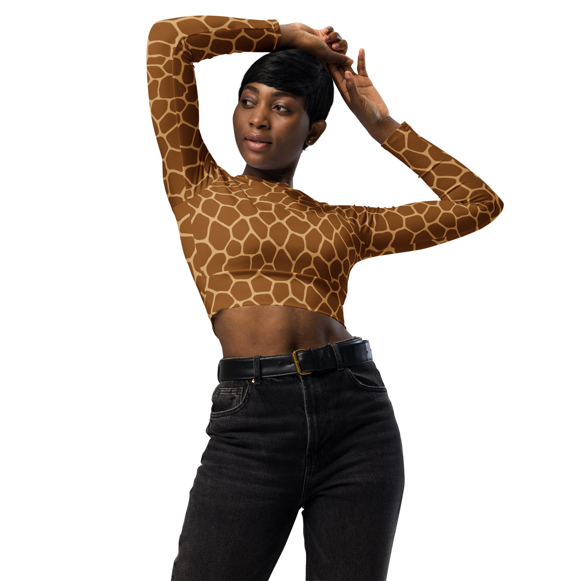 Women's Giraffe Print Long Sleeve Performance Crop Top