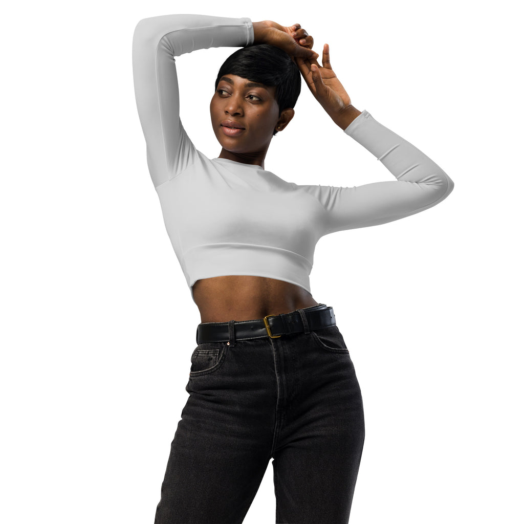 Women’s light gray long sleeve performance crop top with sleek white ribbed high neckline front view