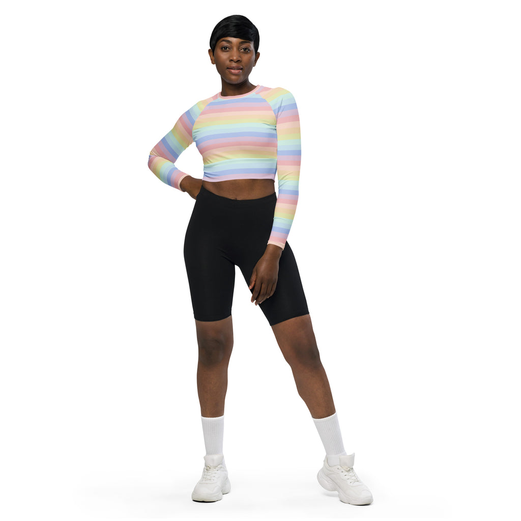 Women's Pastel Striped Rainbow Long Sleeve Performance Crop Top