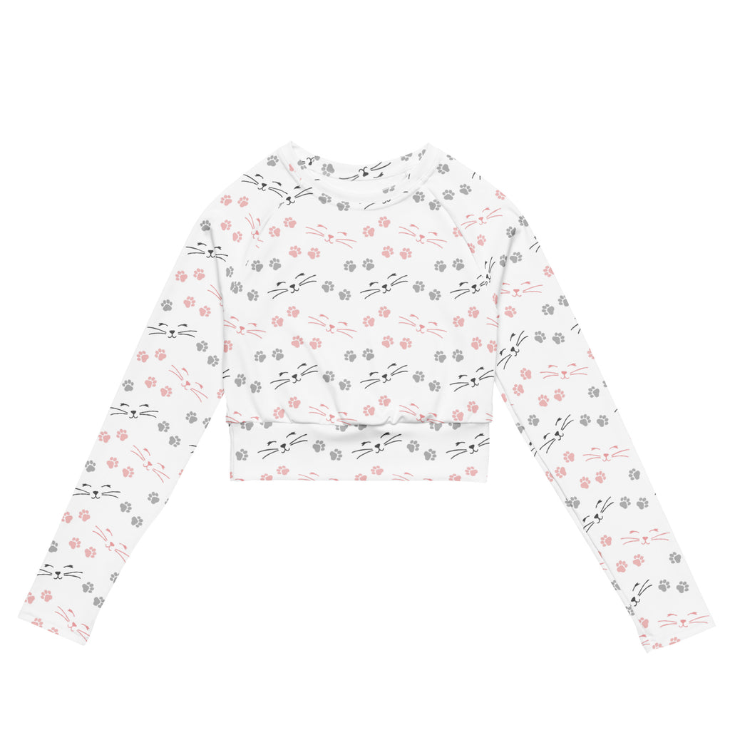 Women's Cat Whiskers & Paw Prints Long Sleeve Performance Crop Top