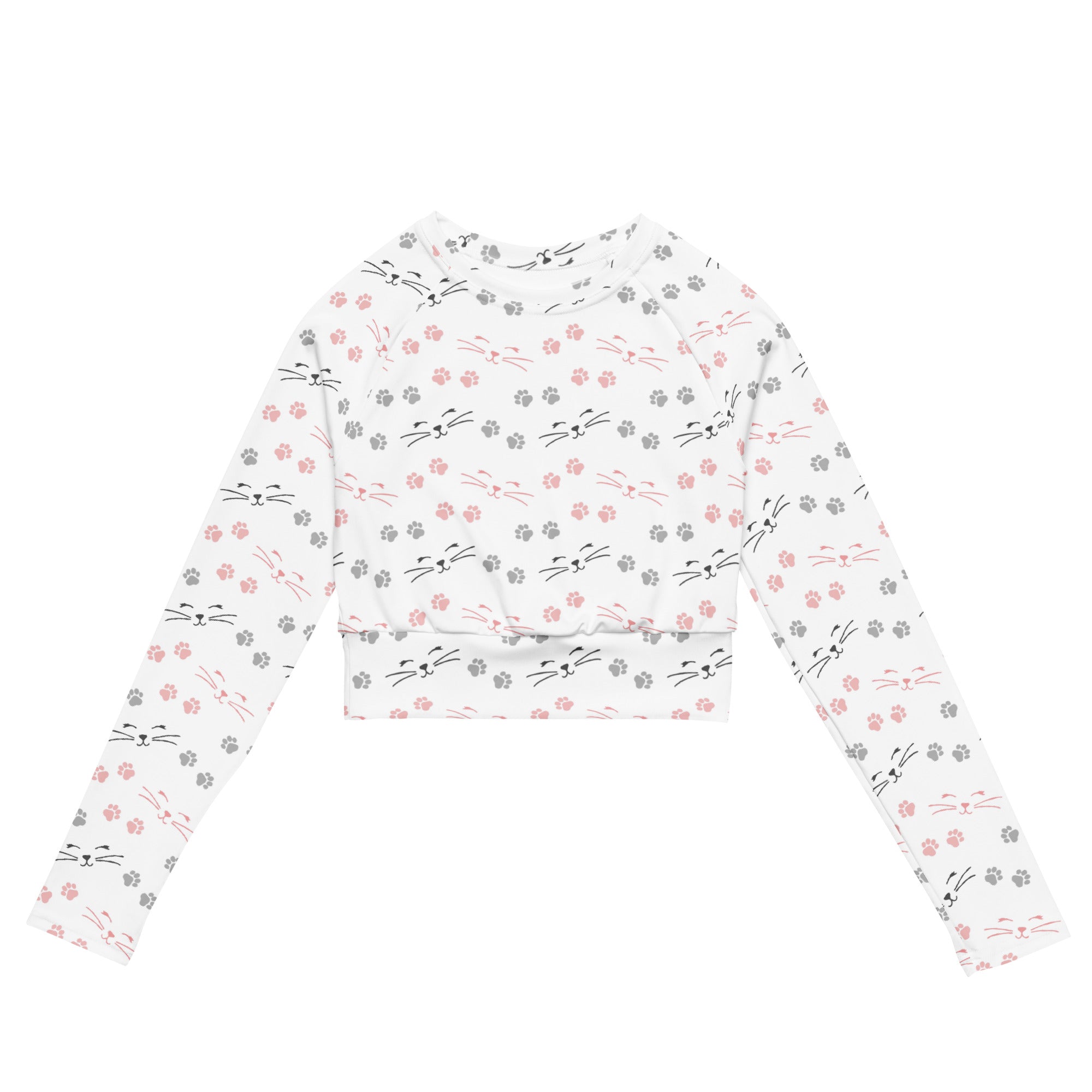 Women's Cat Whiskers & Paw Prints Long Sleeve Performance Crop Top