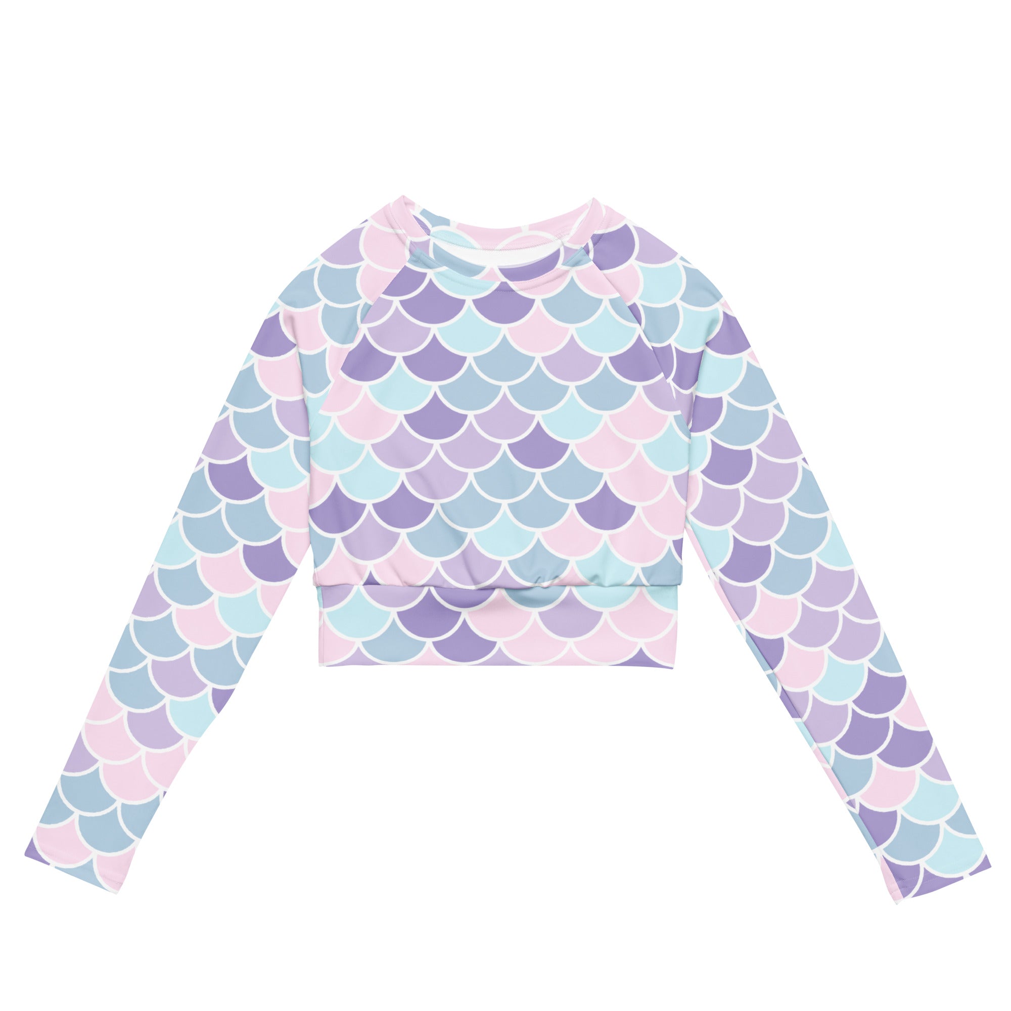 Women’s pastel mermaid scales long sleeve performance crop top with lavender light blue and pink mermaid scale pattern