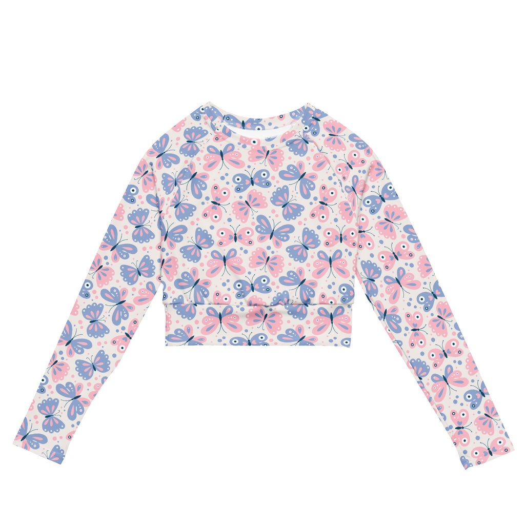 Women's Butterfly Print Long Sleeve Performance Crop Top